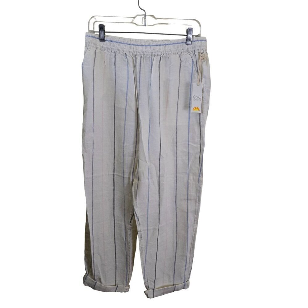C&C California NWT Ivory Pastel Striped 100% Linen Pull On Wide Leg Pants Size L